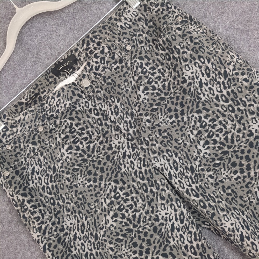 Talbots Signature Womens 14 Gray Green Leopard Print Ankle Slim Pants Cotton